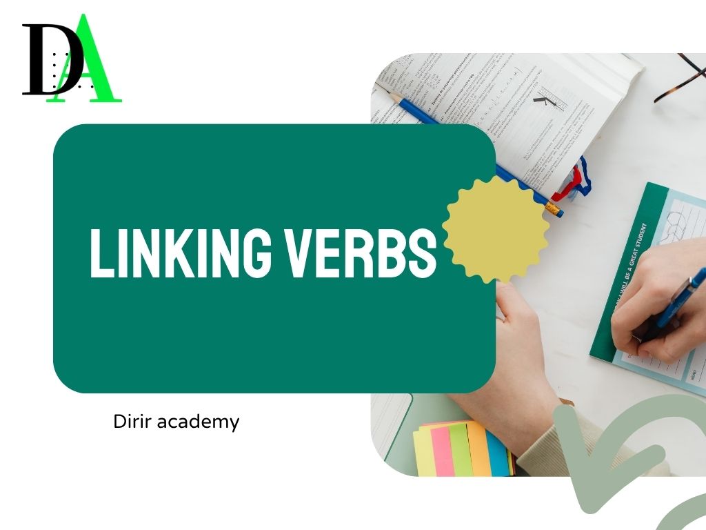 An eye-catching featured image with the phrase "Linking Verbs" in bold green text, designed for an English grammar blog post.