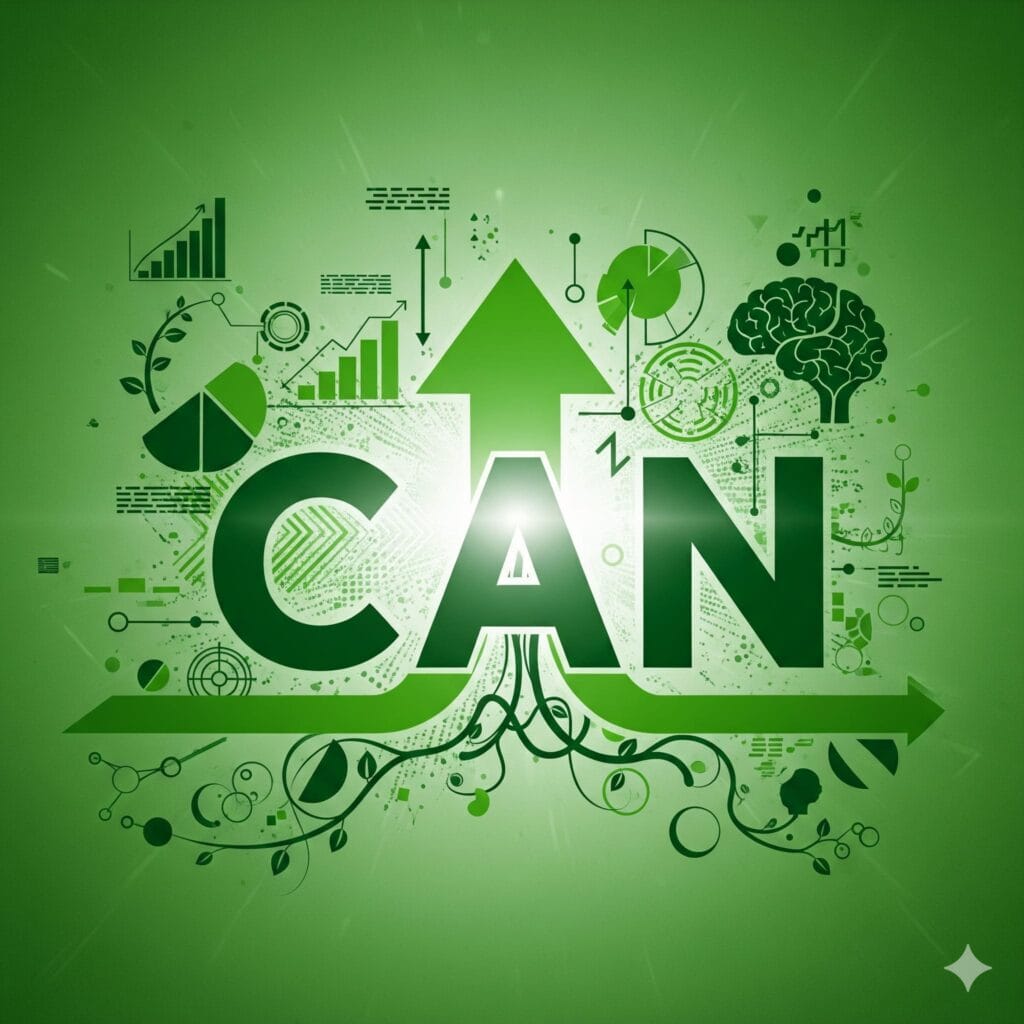 The word 'CAN' in large, bold green letters, with an upward-pointing arrow growing from the 'A' and extending above the word. The word and arrow are surrounded by various subtle green icons and charts, representing growth, data, learning, and mental activity, all on a bright green background. The overall impression is one of capability and development. So verb can is so important.