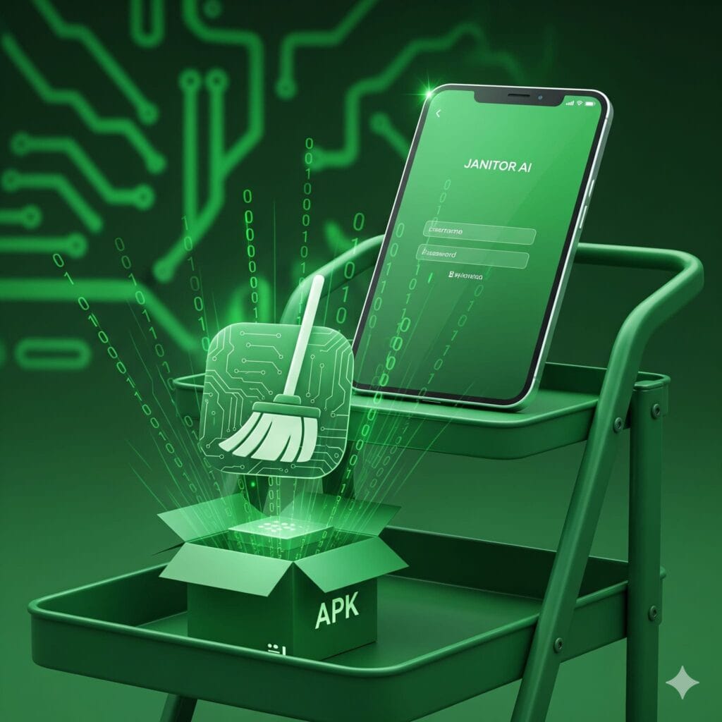 A conceptual, green-themed image showing a janitor's cart. On the top shelf, a smartphone displays a Janitor AI login screen. On the bottom shelf, a glowing app icon with a broom symbol is emerging from an open box labeled 'APK'. The background is a digital circuit board pattern, also in shades of green, with binary code floating around the images. The image represents the concepts of Janitor AI's login, app, and APK
