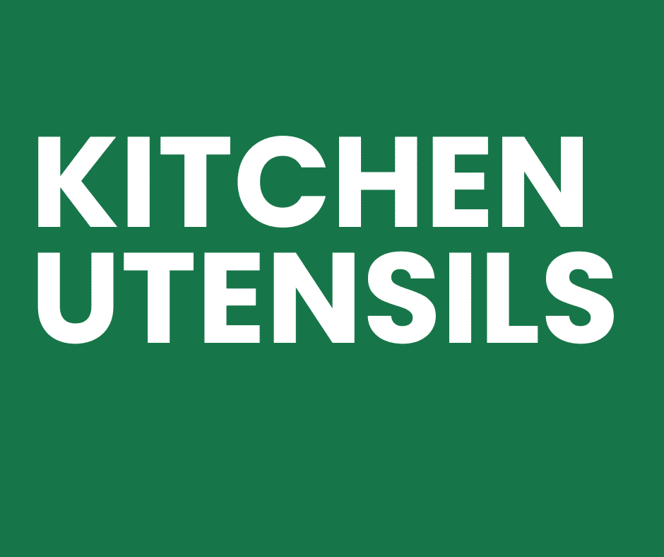 Bold text "Kitchen utensils" on green background
