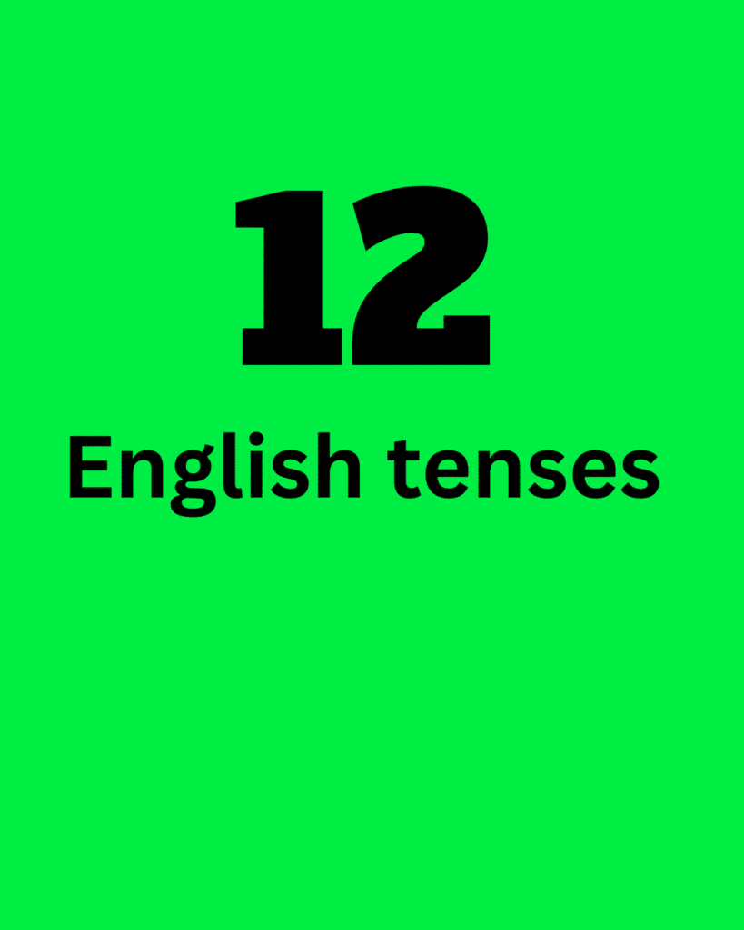 Green background image with bold text showing 12 English tenses for easy grammar learning