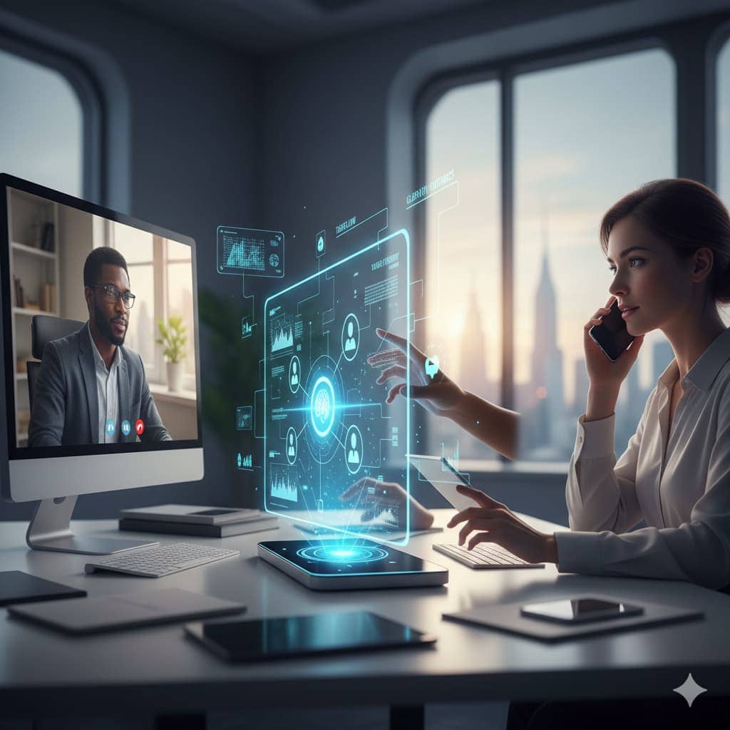 Leading hybrid teams with AI tools using video meetings and smart digital dashboards.