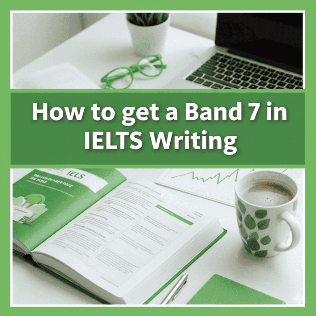 A professional and organized study space with a green theme, featuring a laptop, an open IELTS textbook, a green coffee mug, and green-framed glasses on a white desk. The central text reads "How to get a Band 7 in IELTS Writing," matching the brand's primary green color.
