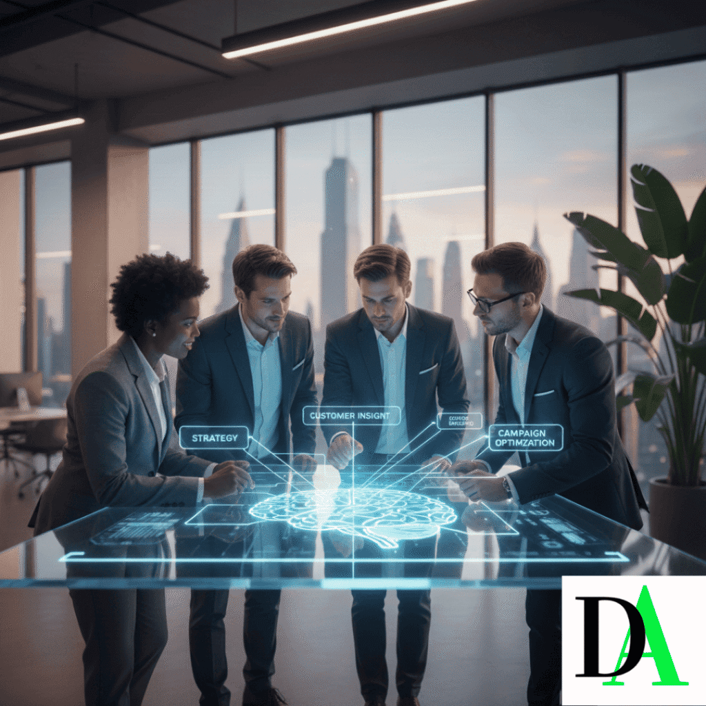 A professional business team using AI tools and Prompt Engineering for Professionals to improve English communication, decision-making, and modern workplace productivity.