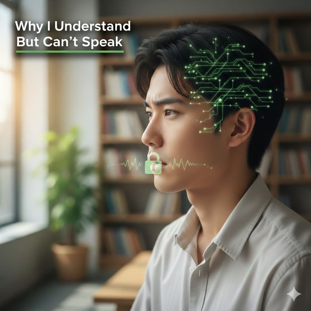 A professional featured image titled "Why I Understand English But Can’t Speak" showing a man in a library with green digital circuits in his brain and a green padlock over his mouth.