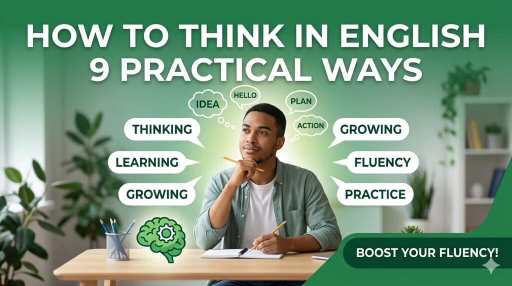 A young man sitting at a desk thinking in English with green-themed thought bubbles, illustrating 9 practical how to think in English fluency.