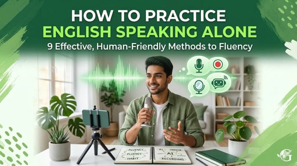 A man learning how to practice English speaking alone in a home office using a microphone and smartphone, surrounded by green brand design elements and fluency icons.